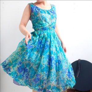 Vintage 1950s watercolor silk chiffon cocktail party dress w/ rhinestone buckle